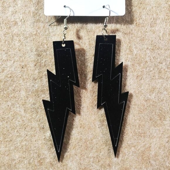 Fashion Jewelry Black Lightning Bolt Dangle Earrings - Picture 1 of 3